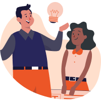 Two colleagues sharing an idea with a light bulb