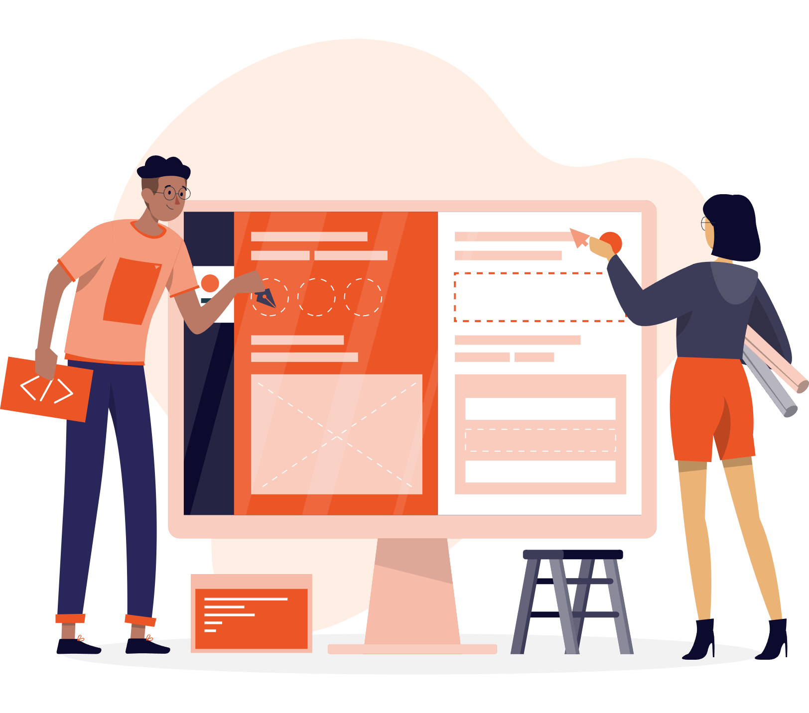 Two people building a website layout on a large screen